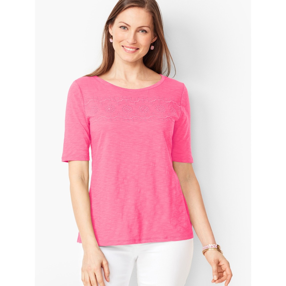 Talbots Floral Embroidered Pink Slub Cotton‎ Tee Size XL Preppy Stretch Colorful